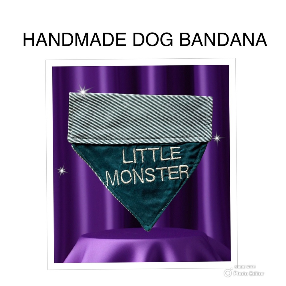 HANDMADE DOG BANDANA PERSONALIZED EMBROIDERED LITTLE MONSTER SLIP ON COLLAR